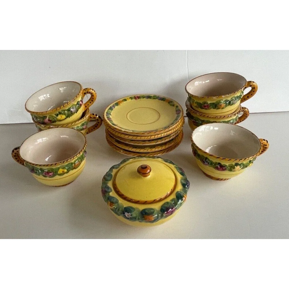 Vtg BITOSSI Italy Della Robbia Coffee Set Cups Saucers Sugar Hand Painted Yellow